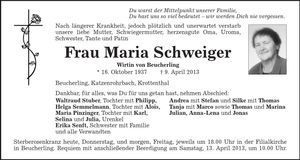 Traueranzeige Maria Schweiger