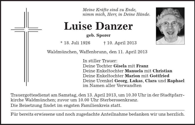 Traueranzeige Luise Danzer
