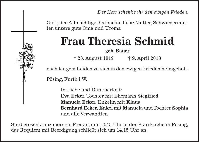 Traueranzeige Theresia Schmid