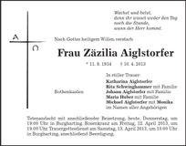 Traueranzeige Zäzilia Aiglstorfer