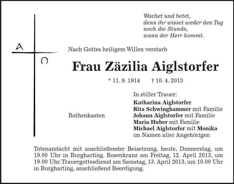 Traueranzeige Zäzilia Aiglstorfer