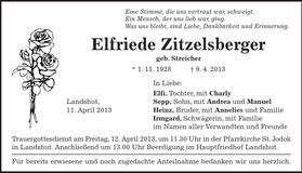 Traueranzeige Elfriede Zitzelsberger