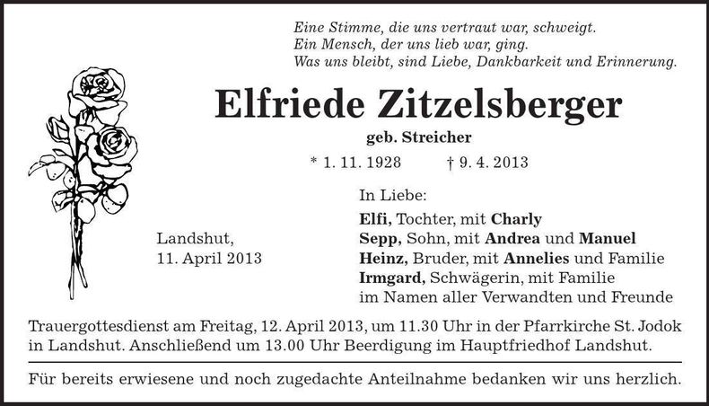 Traueranzeige Elfriede Zitzelsberger