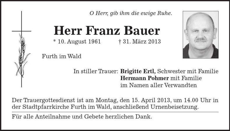 Traueranzeige Franz Bauer