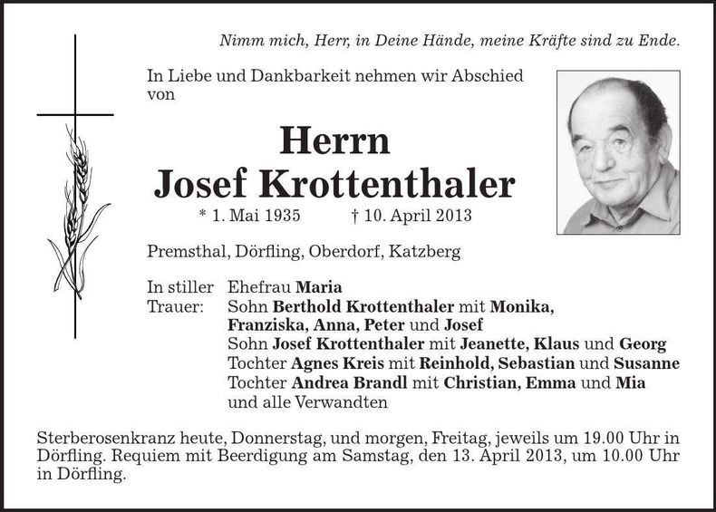 Traueranzeige Josef Krottenthaler