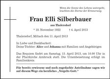Traueranzeige Elli Silberbauer