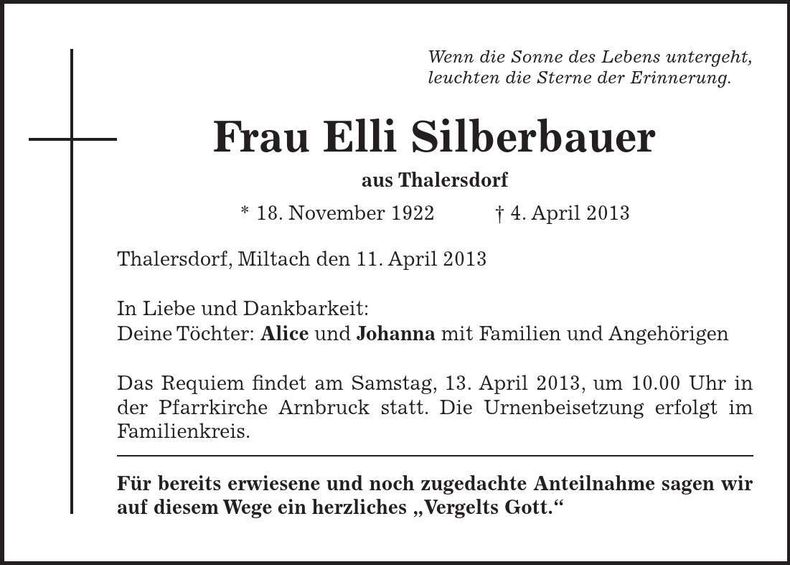 Traueranzeige Elli Silberbauer