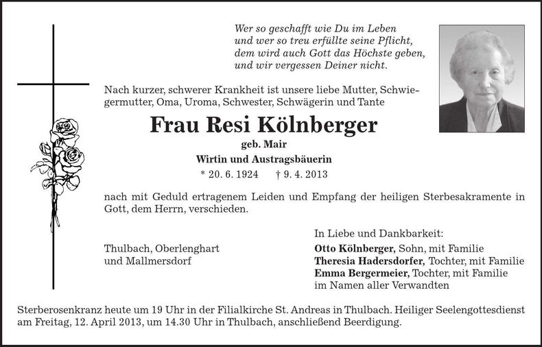 Traueranzeige Resi Kölnberger
