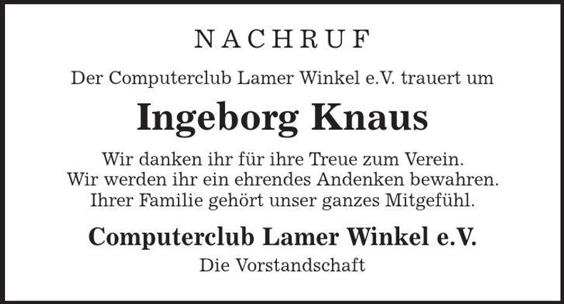 Traueranzeige Ingeborg Knaus
