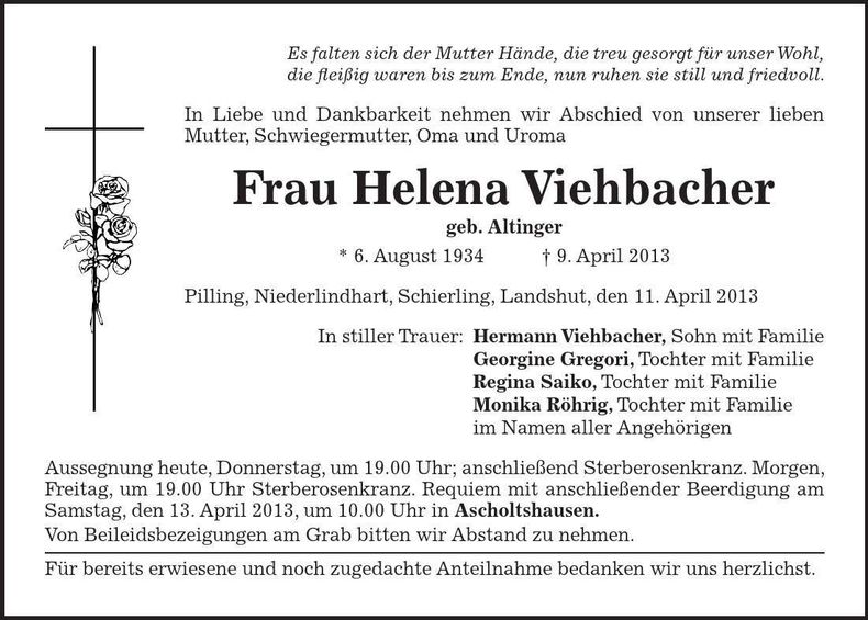 Traueranzeige Helena Viehbacher