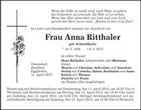 Traueranzeige Anna Ritthaler
