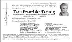 Traueranzeige Franziska Traurig