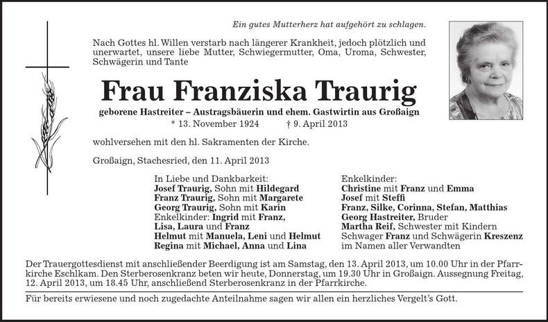 Traueranzeige Franziska Traurig