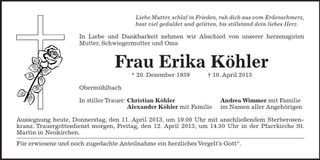 Traueranzeige Erika Köhler
