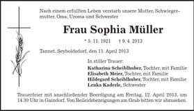 Traueranzeige Sophia Müller