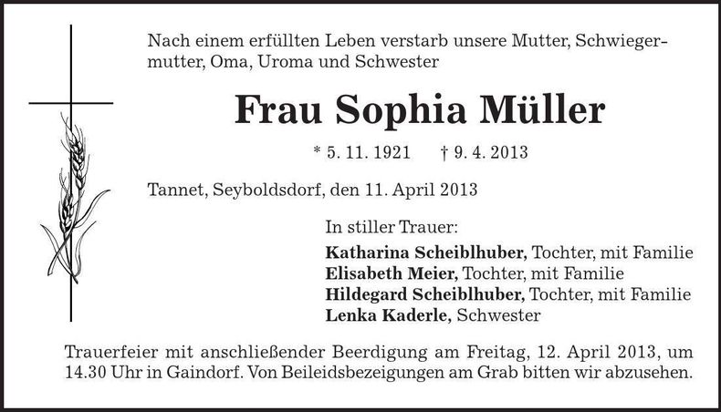 Traueranzeige Sophia Müller