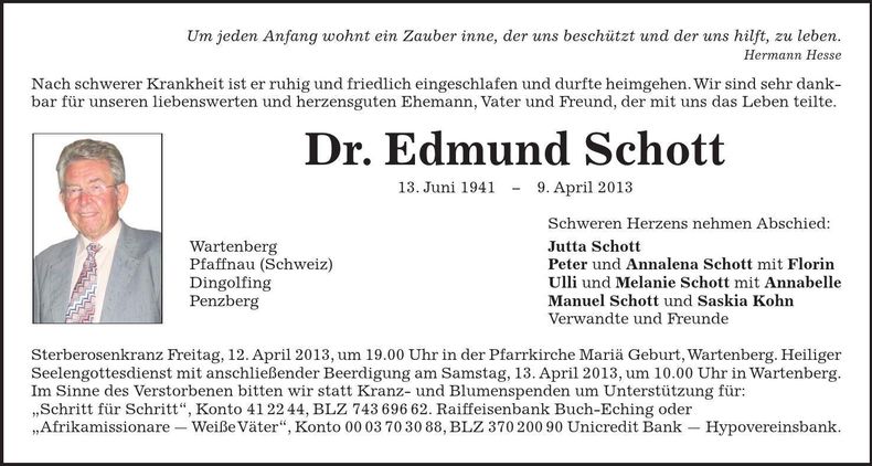 Traueranzeige Edmund Dr. Schott