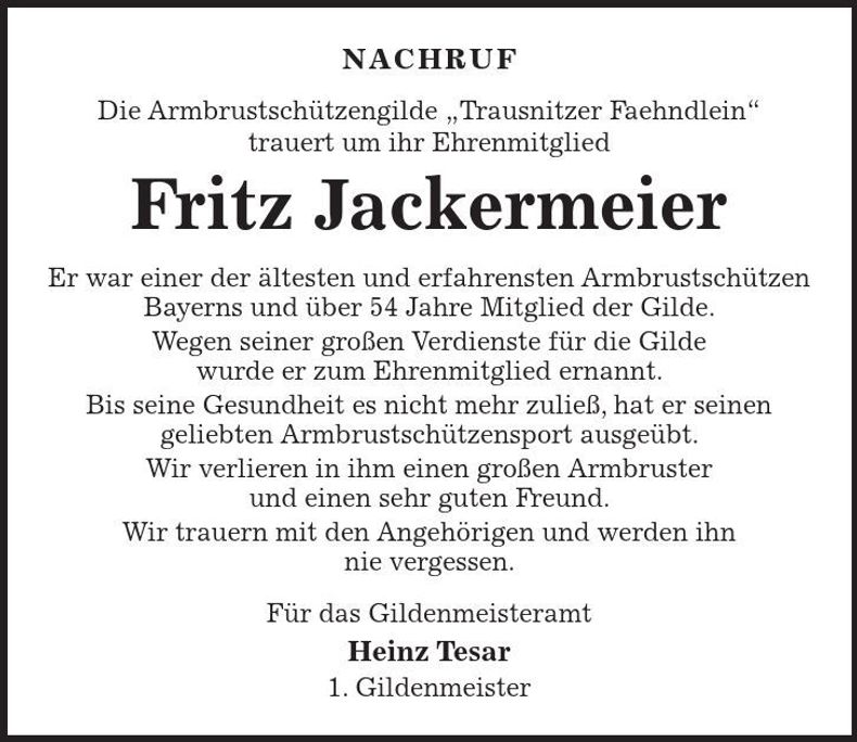 Traueranzeige Fritz Jackermeier