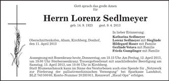 Traueranzeige Lorenz Sedlmayer