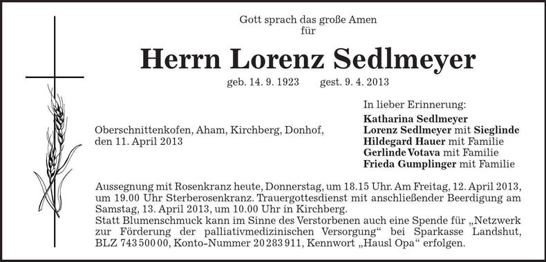 Traueranzeige Lorenz Sedlmayer