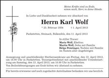 Traueranzeige Karl Wolf