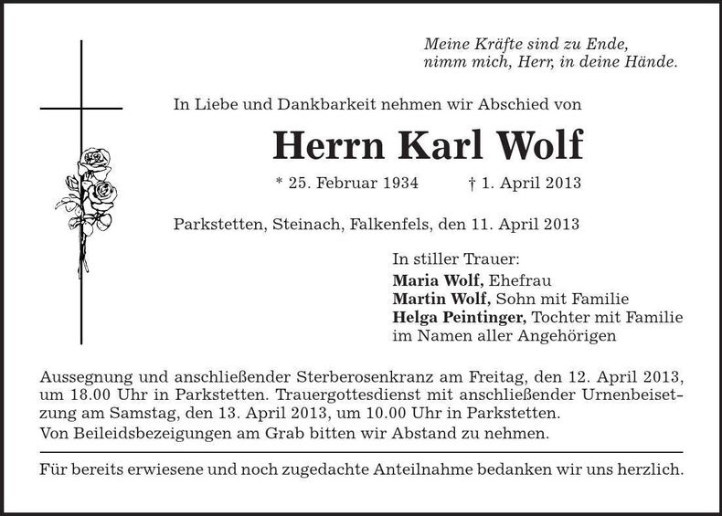 Traueranzeige Karl Wolf