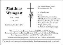 Traueranzeige Weingast Matthias