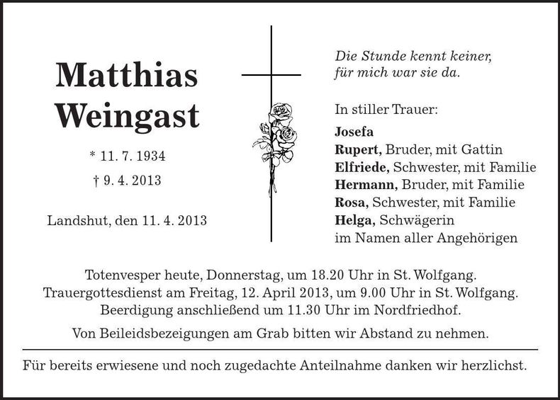 Traueranzeige Weingast Matthias