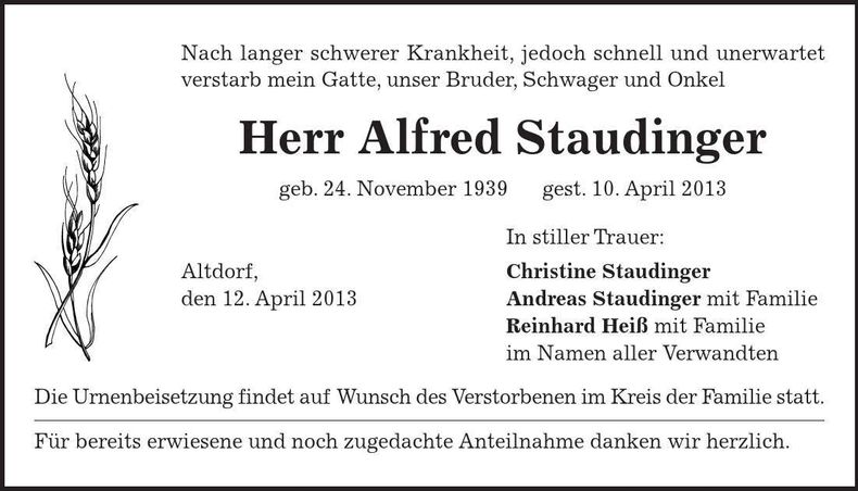 Traueranzeige Alfred Staudinger