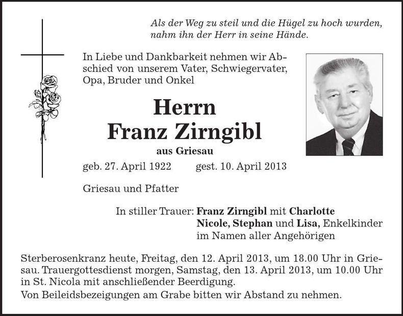 Traueranzeige Franz Zirngibl