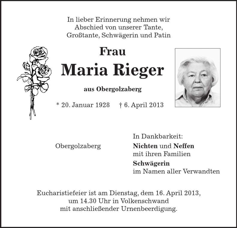 Traueranzeige Maria Rieger