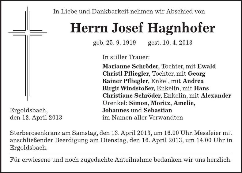 Traueranzeige Josef Hagnhofer