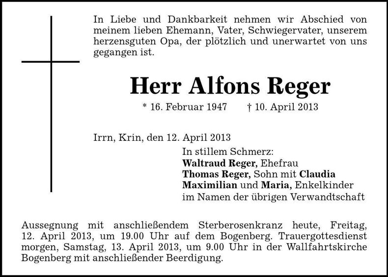 Traueranzeige Alfons Reger