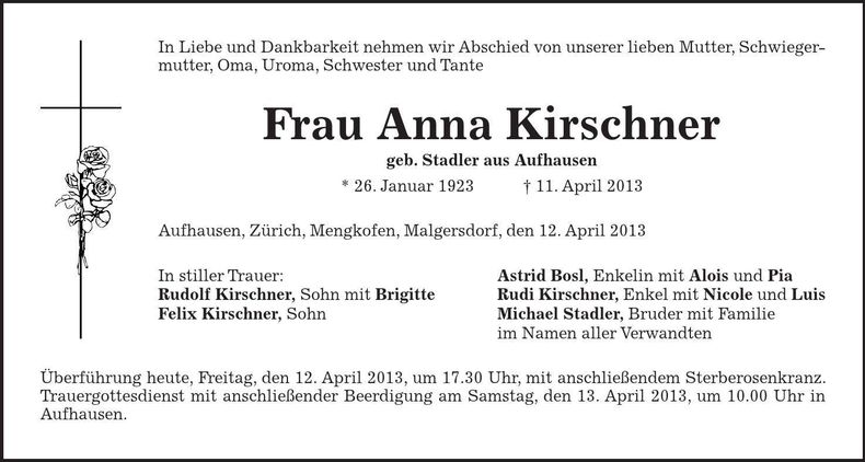 Traueranzeige Anna Kirschner