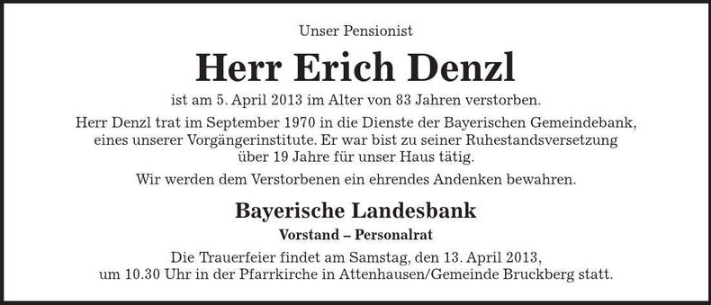 Traueranzeige Erich Denzl