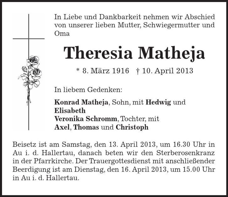 Traueranzeige Theresia Matheja