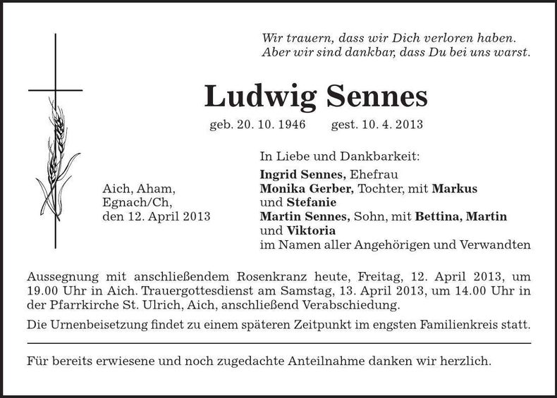 Traueranzeige Ludwig Sennes