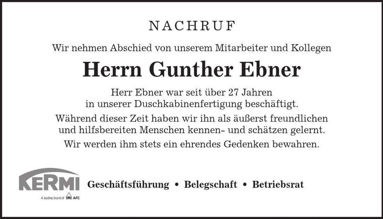 Traueranzeige Gunther Ebner