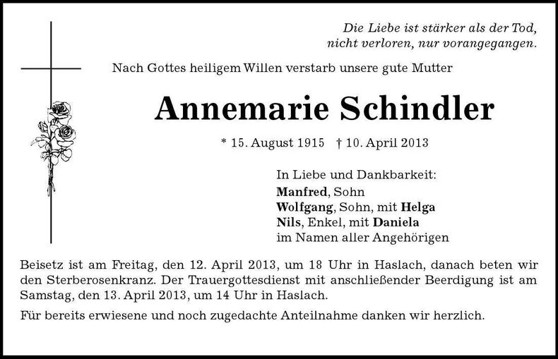 Traueranzeige  Schindler