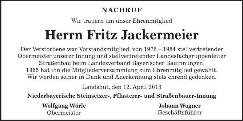 Traueranzeige Fritz Jackermeier