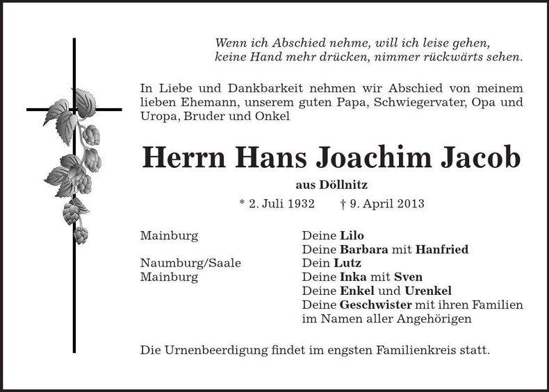 Traueranzeige Hans Joachim Jacob