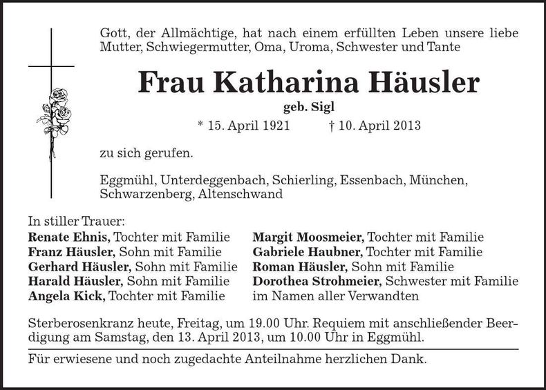 Traueranzeige Katharina Häusler