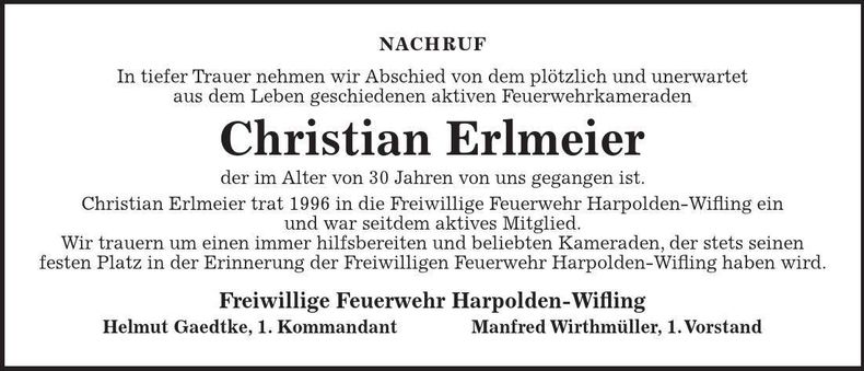 Traueranzeige Christian Erlmeier