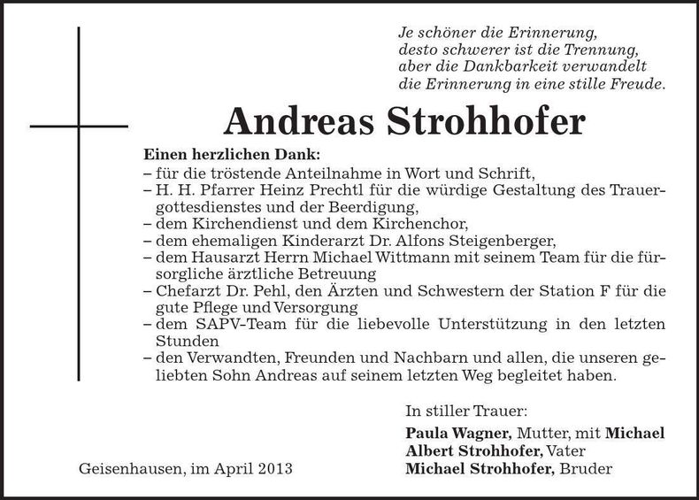 Traueranzeige Andreas Strohhofer