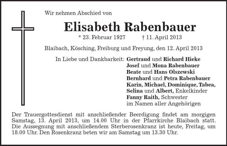 Traueranzeige Elisabeth Rabenbauer