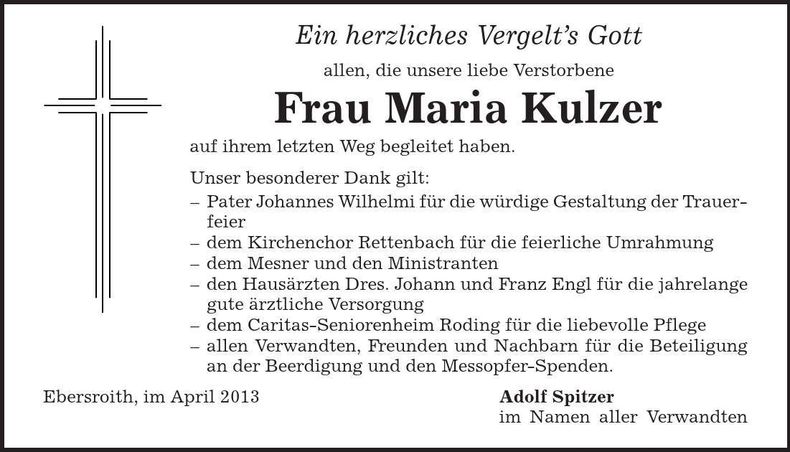 Traueranzeige Maria Kulzer