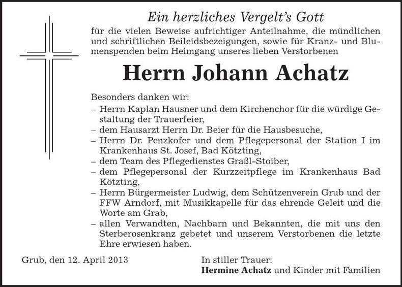 Traueranzeige Johann Achatz