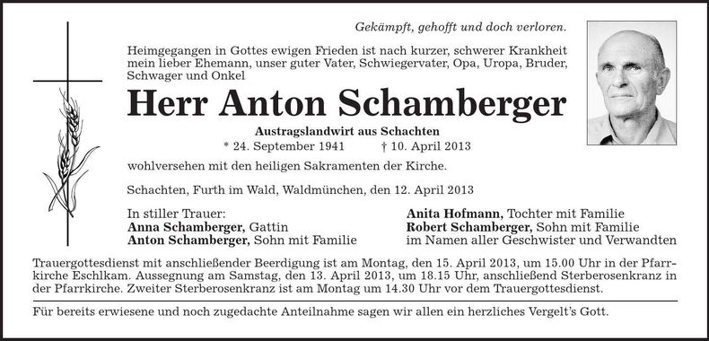 Traueranzeige Anton Schamberger