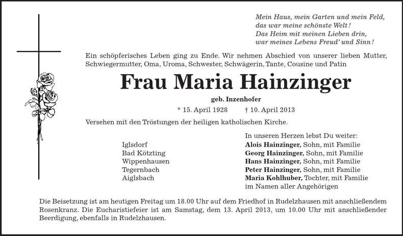Traueranzeige Maria Hainzinger