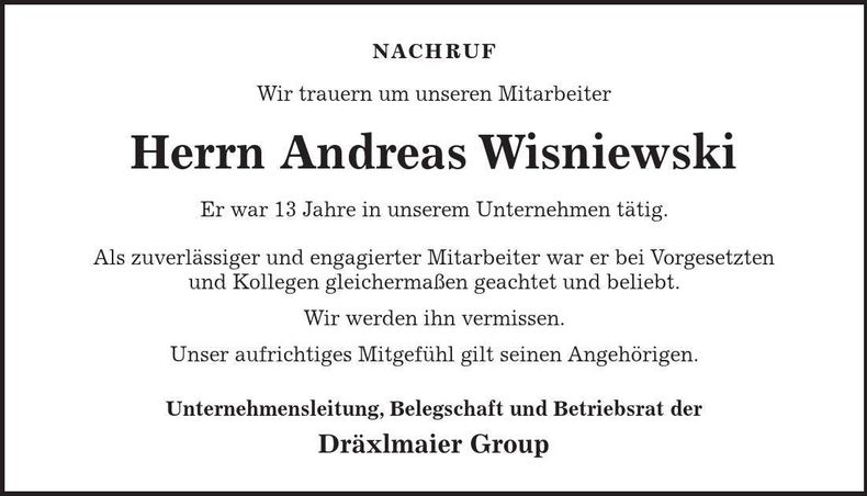 Traueranzeige Andreas Wisniewski